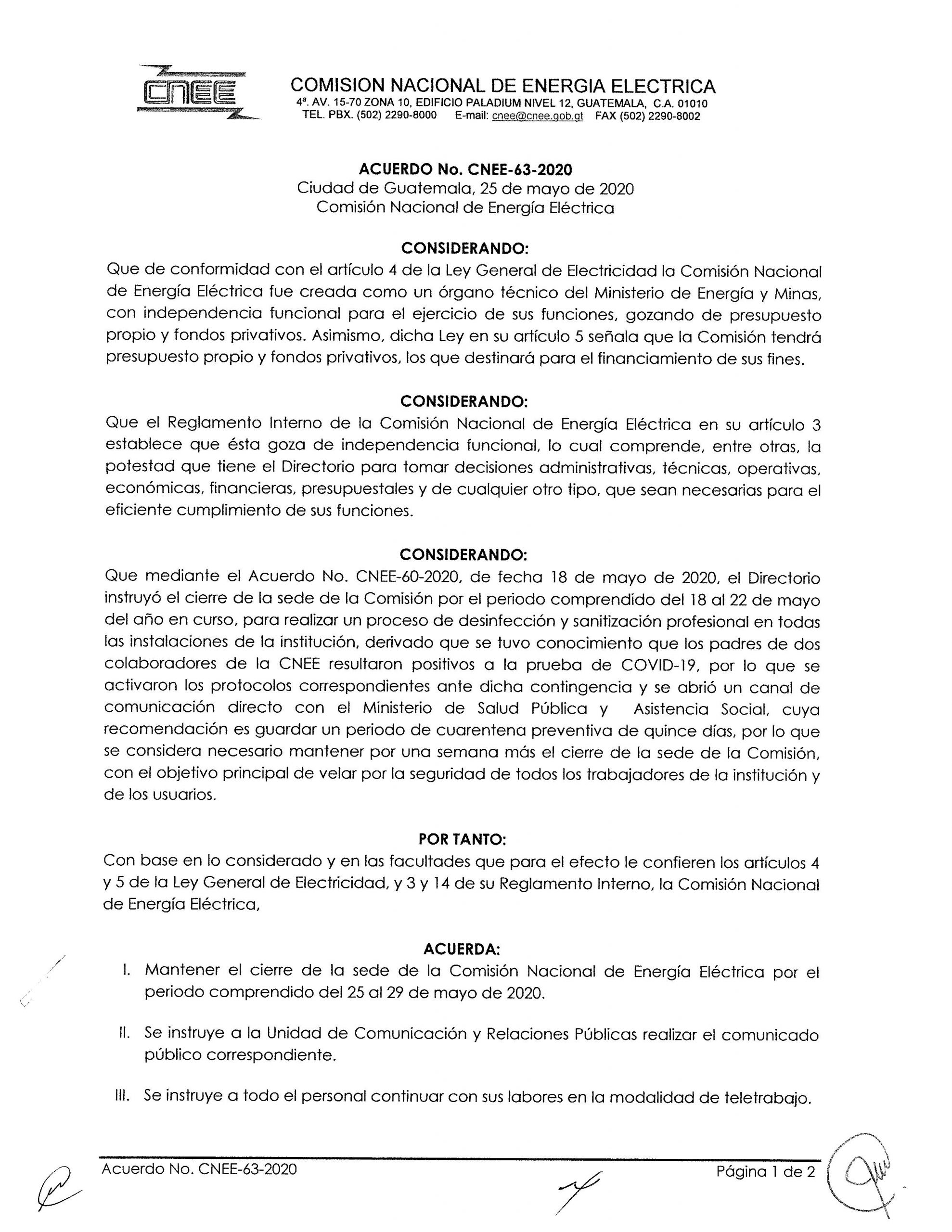 Acuerdo CNEE-63-2020, se mantiene el cierre de oficinas del 25 al 29 de mayo 2020