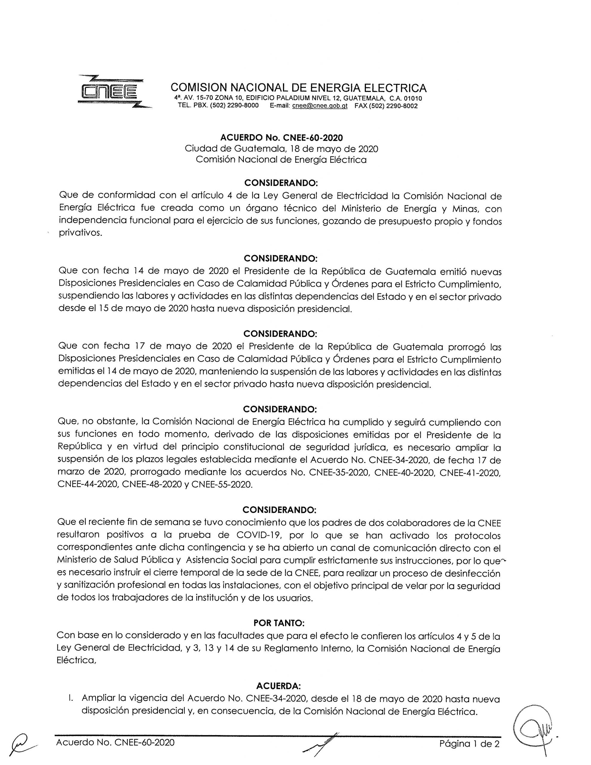 Acuerdo CNEE-60-2020, se amplía la vigencia del Acuerdo CNEE-34-2020