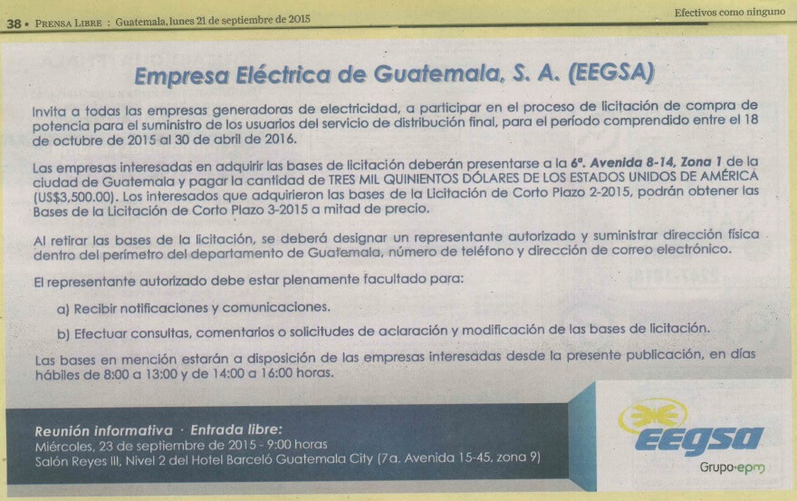 Licitación Abierta de Corto Plazo 3-2015
