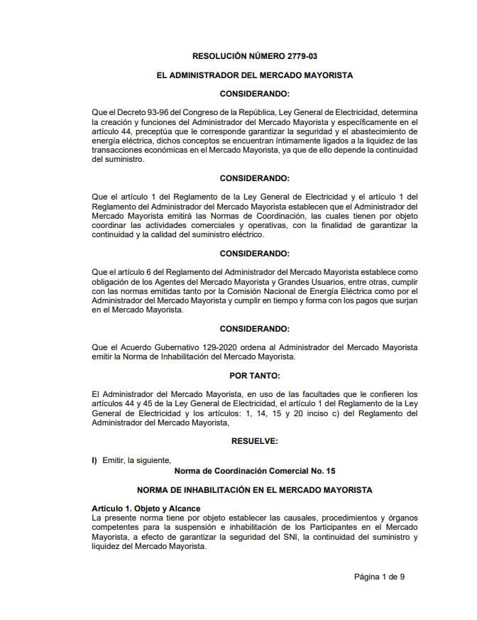 NCC-15: Norma de inhabilitación en el Mercado Mayorista.