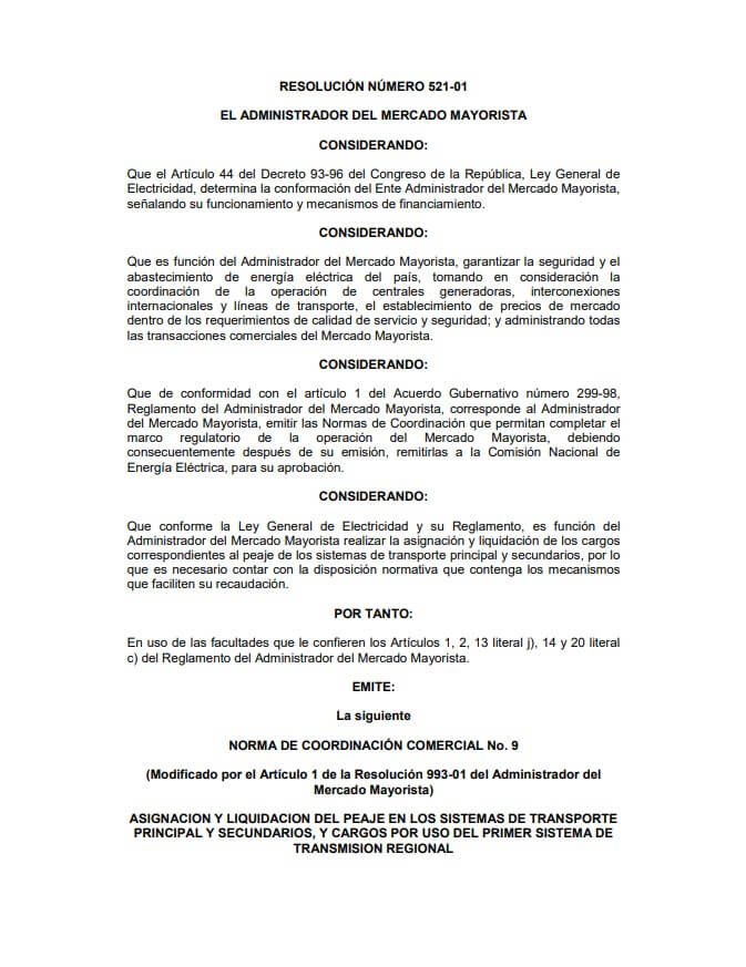 NCC-9: Asignación y liquidación del peaje en los sistemas de transporte principal y secundarios, y cargos por uso del primer sistema de transmisión regional.