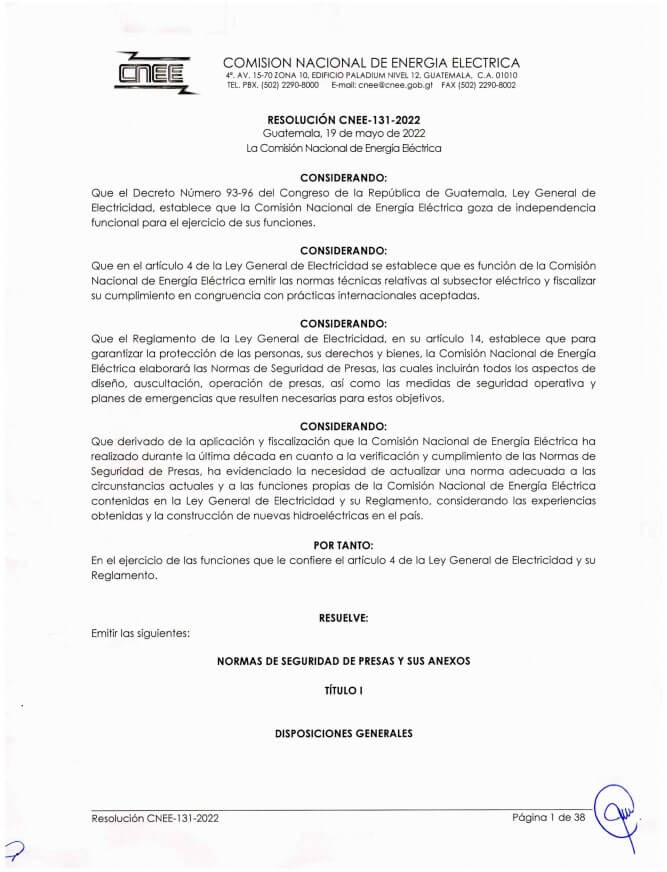Norma de Seguridad de Presas y sus Anexos (Resolución CNEE-131-2022)